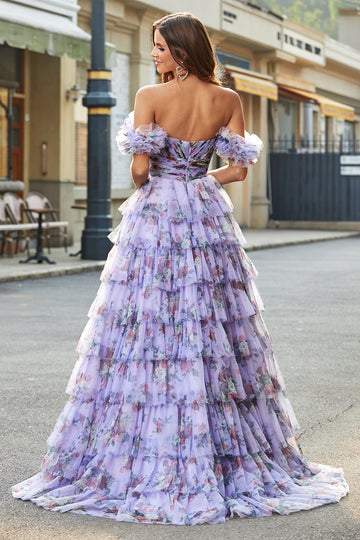 Splendido A Line Off the Shoulder Lavanda Stampato Abito Lungo Prom con Volant